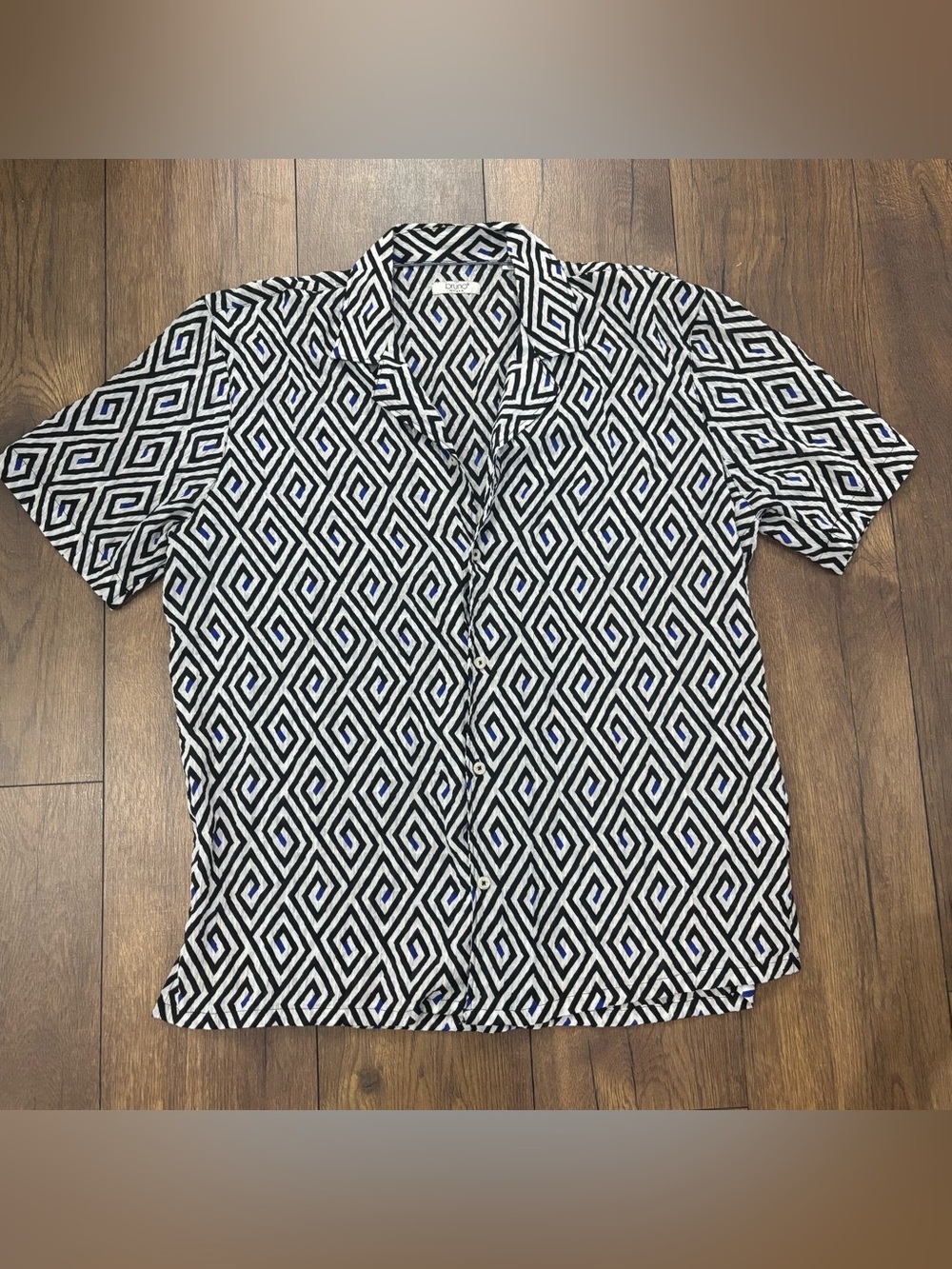 Bruno Milano Black White Blue Geometric Print Button Front Short Sleeve Shirt, L
